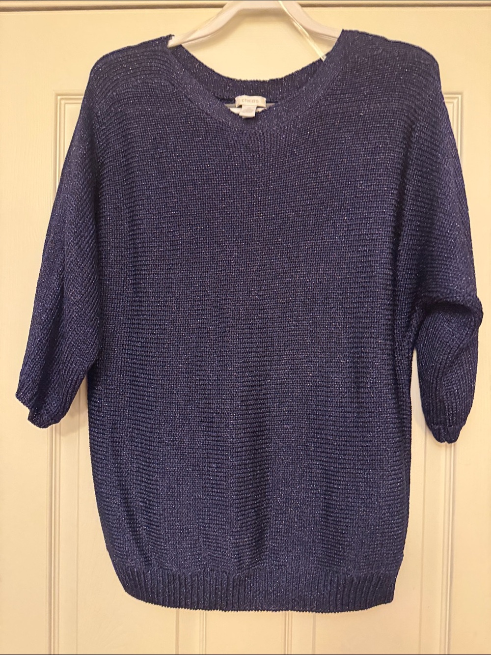 NWOT Chico’s size 2 (L) 3/4 Length Sleeves Sweater in Navy Blue w/Metallic Trim